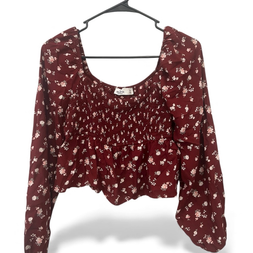 Burgundy Floral Smocked Long Sleeve Blouse – Medium